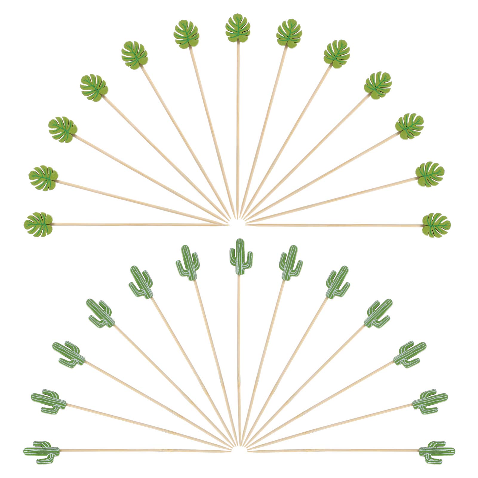 Amosfun 100Pcs Hawaiian Party Cocktail Pick Wood Fruit Stick Cactus Monstera Fruit Toothpick Appetizer Stick Skewer Cake Topper for Luau Hawaii Beach Party Supplies
