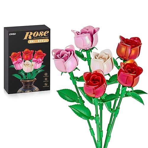 EWED Rose Flower Bouquet Building Set: Artificial Flowers Botanical Collection Blocks Kit for Women Girls Wife Adults Home Decor Thanksgiving Christmas Mother's Day Valentine's Gifts 6-Pack