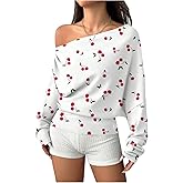 SOLY HUX Women's Cherry Graphic Sweatshirt Off the Shoulder Long Sleeve Cute Fall Pullover Tops