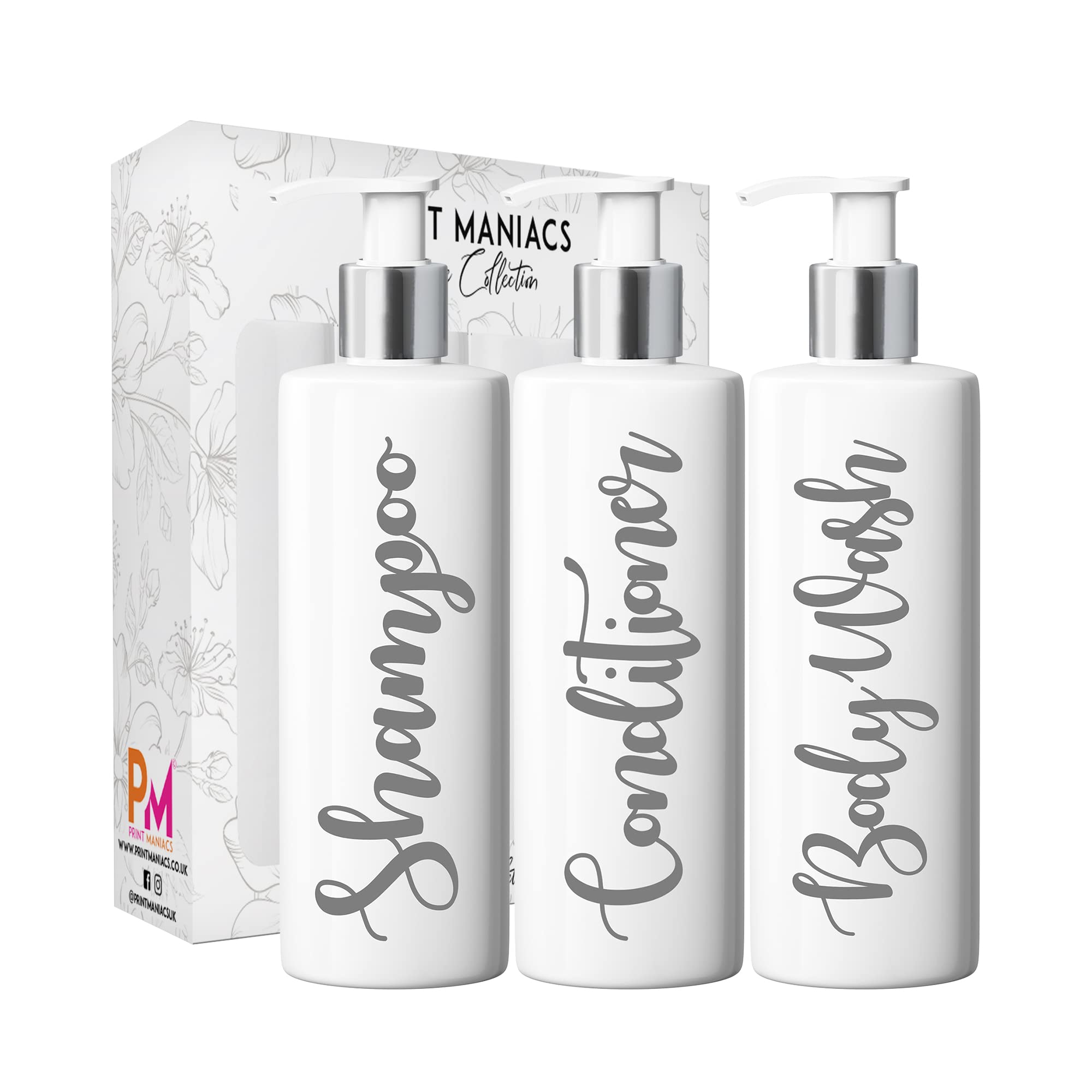 Print Maniacs 3 Set Mrs Hinch Inspired White Personalised Dispenser Pump Bottles Shampoo Conditioner Body Wash (Grey)