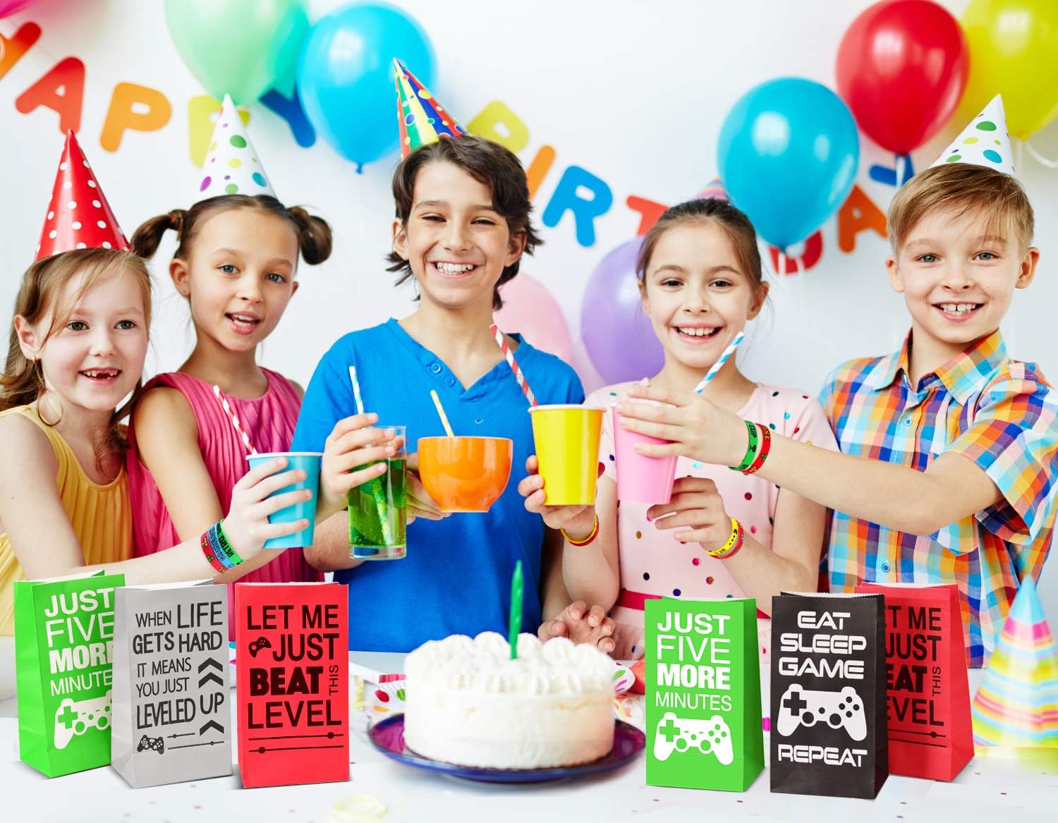 Game On Party Supplies Favors 24 Pieces Video Game Goodie Bags and 24 Pieces Video Game Bracelets Wristbands For Kids Birthday Video Game Party Supplies Favors: Toys & Games