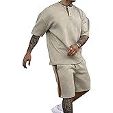Epoleatries Men's Henley Shirt and Short Sets 2 Pieces Outfits Sweatsuits Set Summer Jacquard Tracksuit Jogging Matching Sets