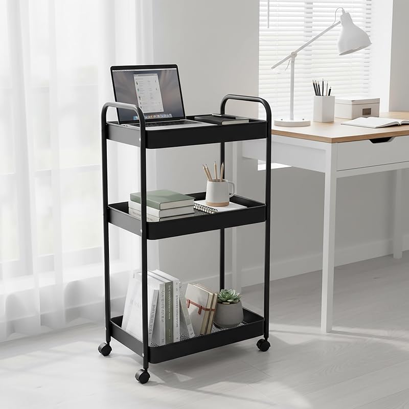 Carrinho de malha de 3 prateleiras, Serviço para Cozinha, Casa de Banho e Escritório, 78×43×30 cm Multiusos Compacto Preto metálico