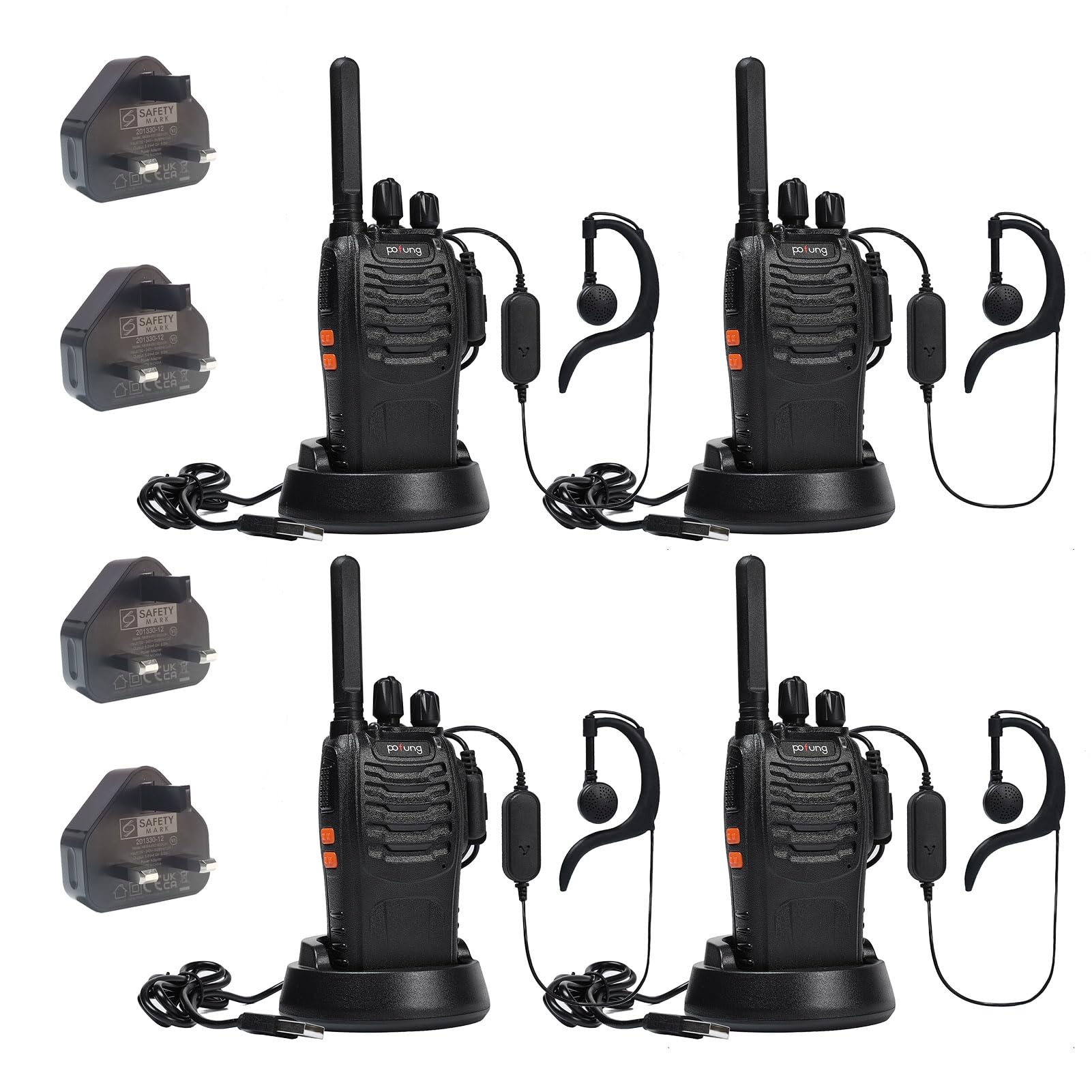 Walkie Talkies for Adults PMR446 Two Way Radio Long Range pofung PT88E License-free 16 Channels Rechargeable Professional Walkie Talkie with Flashlight Earpieces for Hiking Warehouse (Black 4 Pack)
