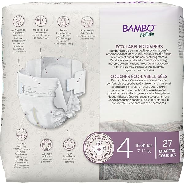BAMBO NATURE PREMIUM ECO-FRIENDLY BABY DIAPERS, SIZE 4 (15-31 LBS), 27 COUNT