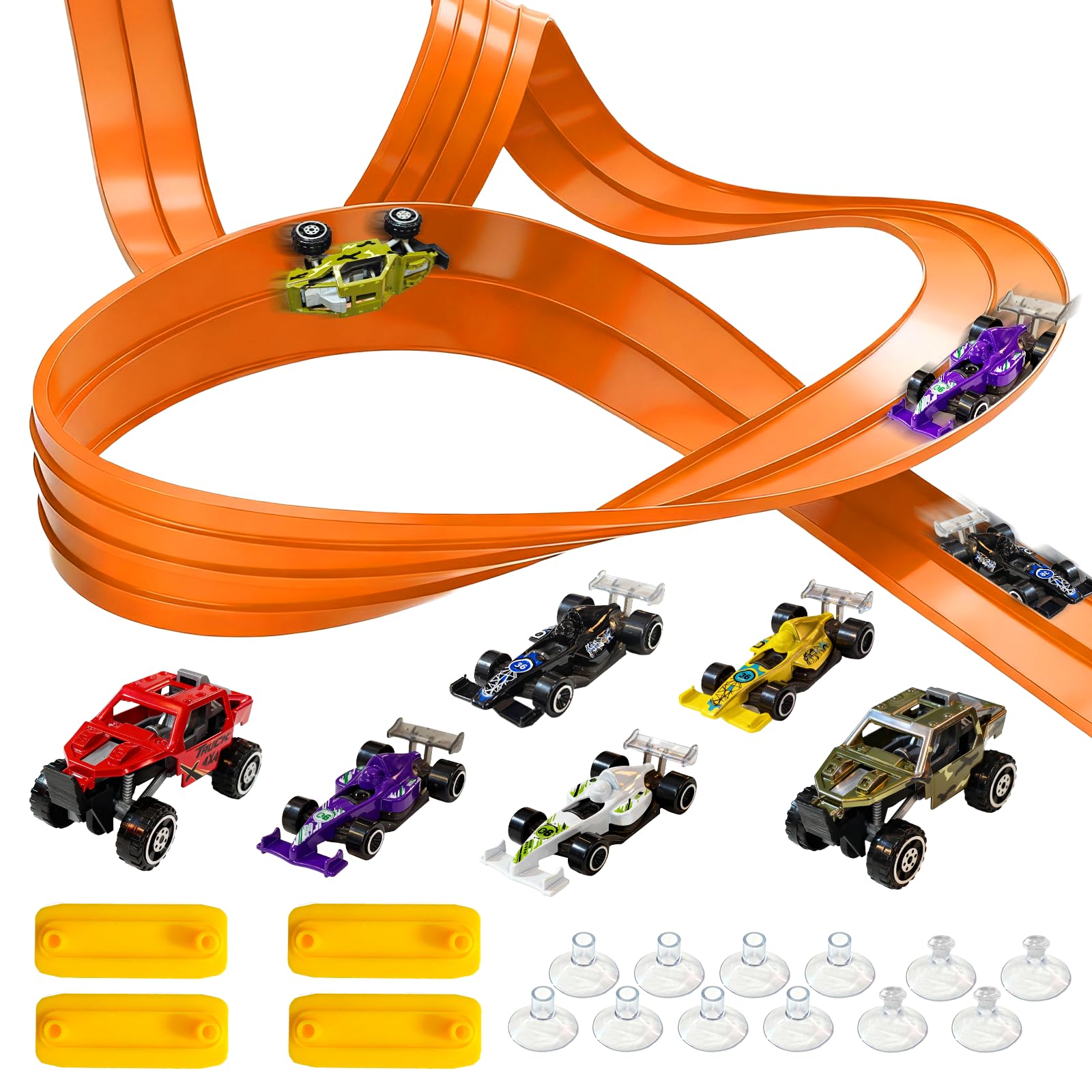 Portable 5m Flexible Race Car Track Set with 4 Cars & 2 Off-road Vehicles, Roll Up Race Car Track Compatible with Diecast 1/64th Cars, Attach to Windows Doors for Bumps Jumps Tunnels Loops