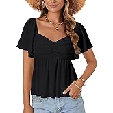 LYANER Women's Sweetheart Neck Ruched Ruffle Short Sleeve Peplum Weekend Blouse Top