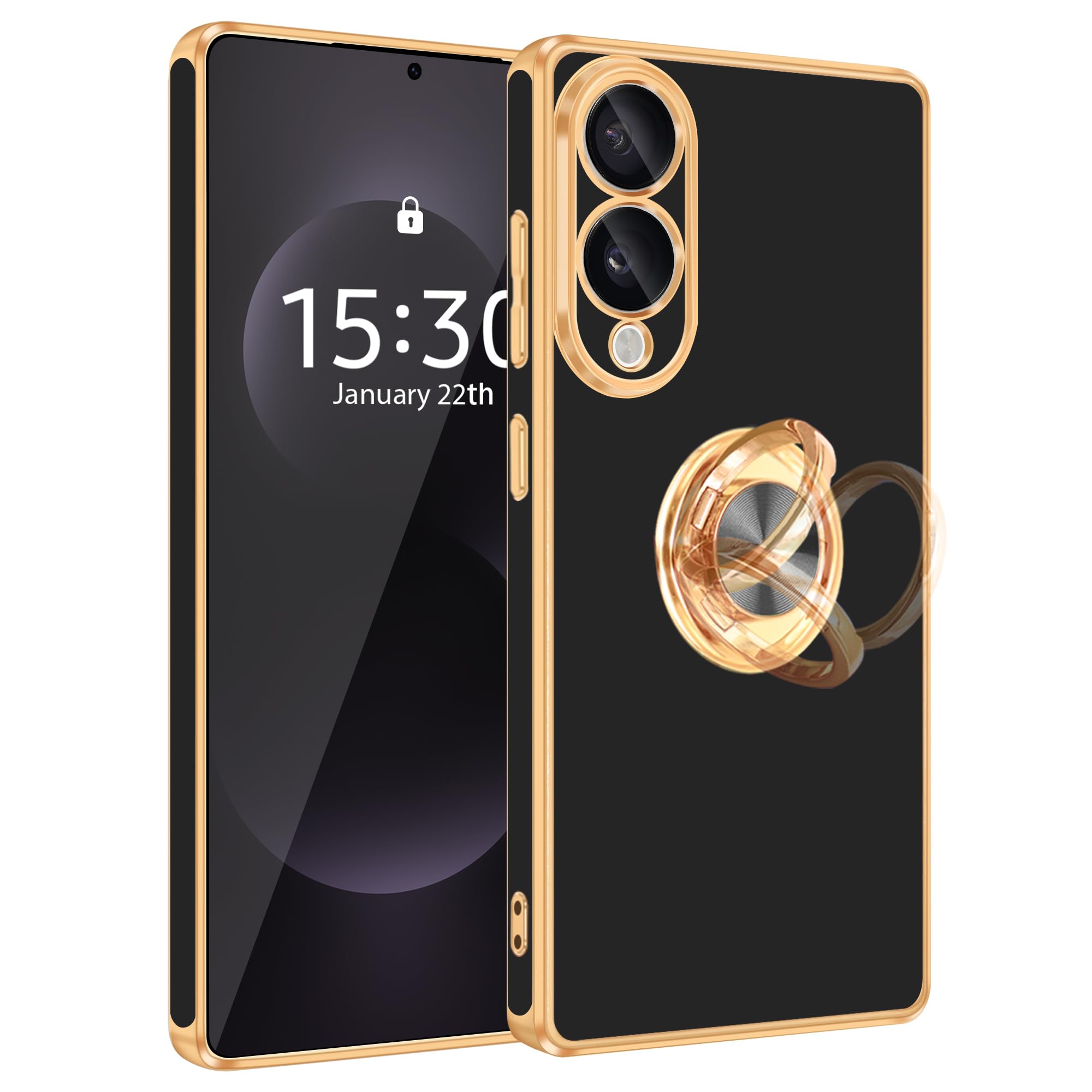 Photo 1 of Fingic for Samsung Galaxy S25 Edge Case[with 360°Rotatable Ring Holder][Support Magnetic Car Mount] Shiny Plating Gold Slim Thin Soft TPU Rugged Bumper Shockproof Protective Case for Women Men,Black