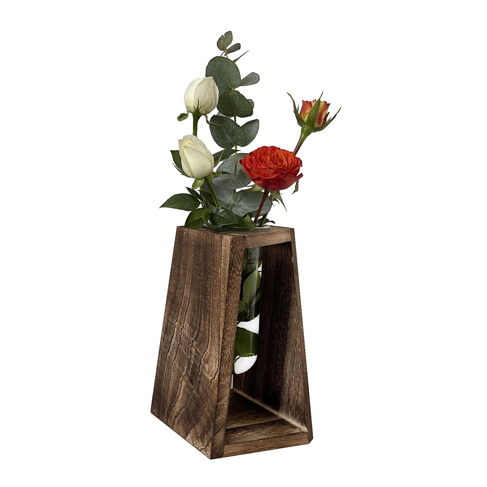 Pimaja Test Tube propagation station Unique Test Tube Vase with Geometric Wooden Stand for Home&Office Decoration (Dark Brown)