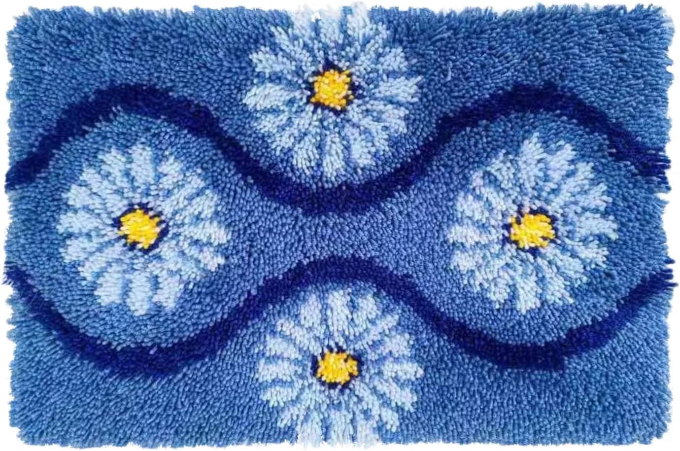 Myriad Choices Latch Hook Rug Kit, DIY Latch Hook Blue Sunflower Rug Making Kit for Adults Kids, Cross Stitch Kit Carpet Making Cushion Needlework for Beginners, Home Decor, Blue Sunflower 50×38 cm