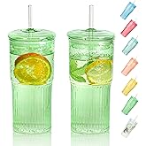 QWEZXO 20 OZ Glass Cup with Lids and Glass Straws, High Borosilicate Iced Coffee Glass Tumblers with Lid and Straw for Drinks, 2pcs Reusable Wide Mouth Smoothie Cup(Green)