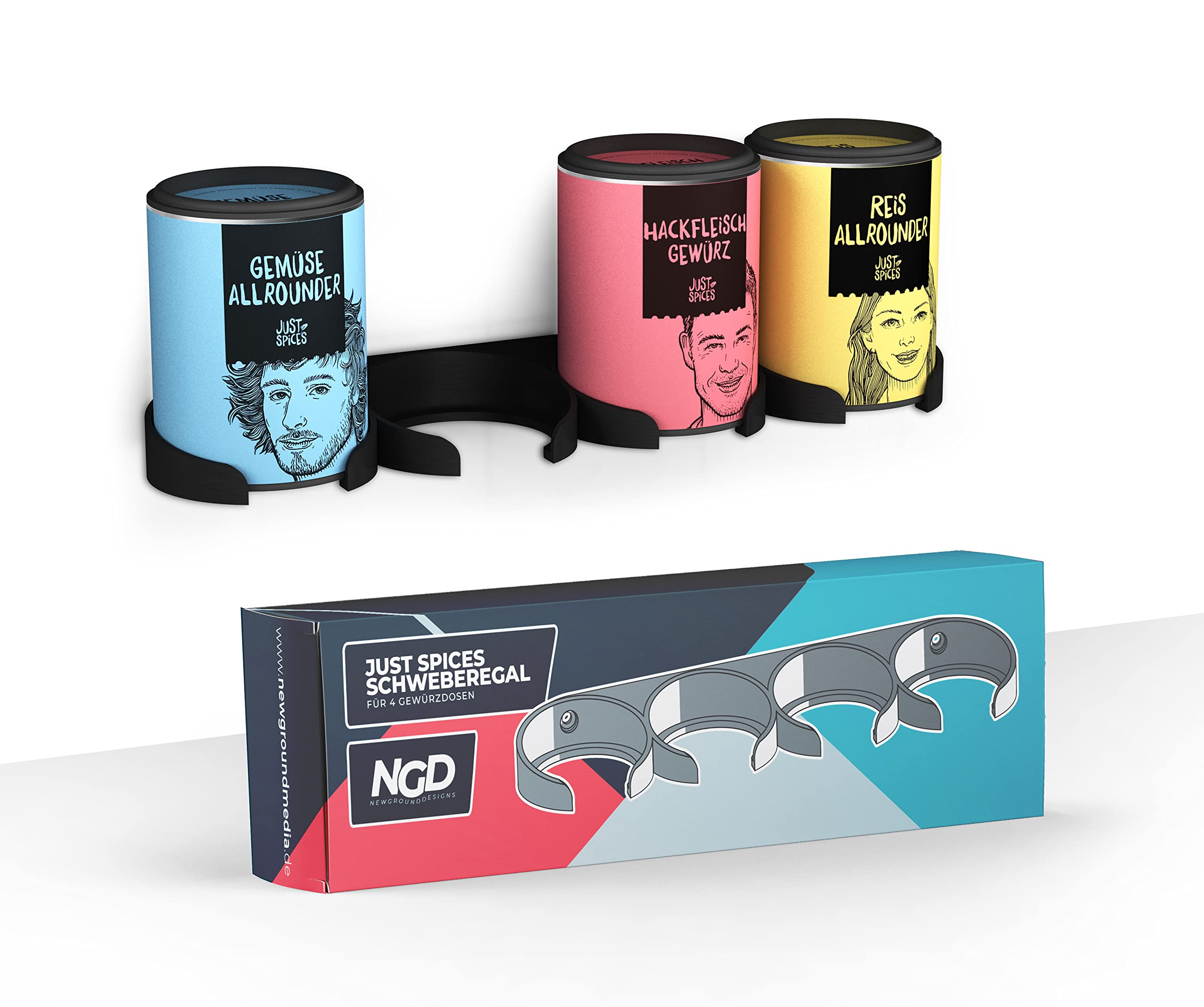 NewGround Designs Spice Rack for Just Spices - for Gluing or Screwing - for 4 Spice Jars - Hanging - for Cupboard Door or Wall - Floating Shelf