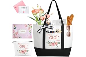 TRSODD Gigi Gifts for Grandma, Floral Can-vas Tote Bag for Women, Christmas Gifts for Gigi Mothers Day Gifts Best Gigi Ever Beach Bag w Makeup Bag Inner Pocket Side Pocket Shoulder Strap Gift Box Card