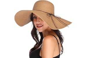 Lanzom Womens Wide Brim Straw Hat Big Floppy Foldable Roll up Cap Beach Sun Hat UPF 50+