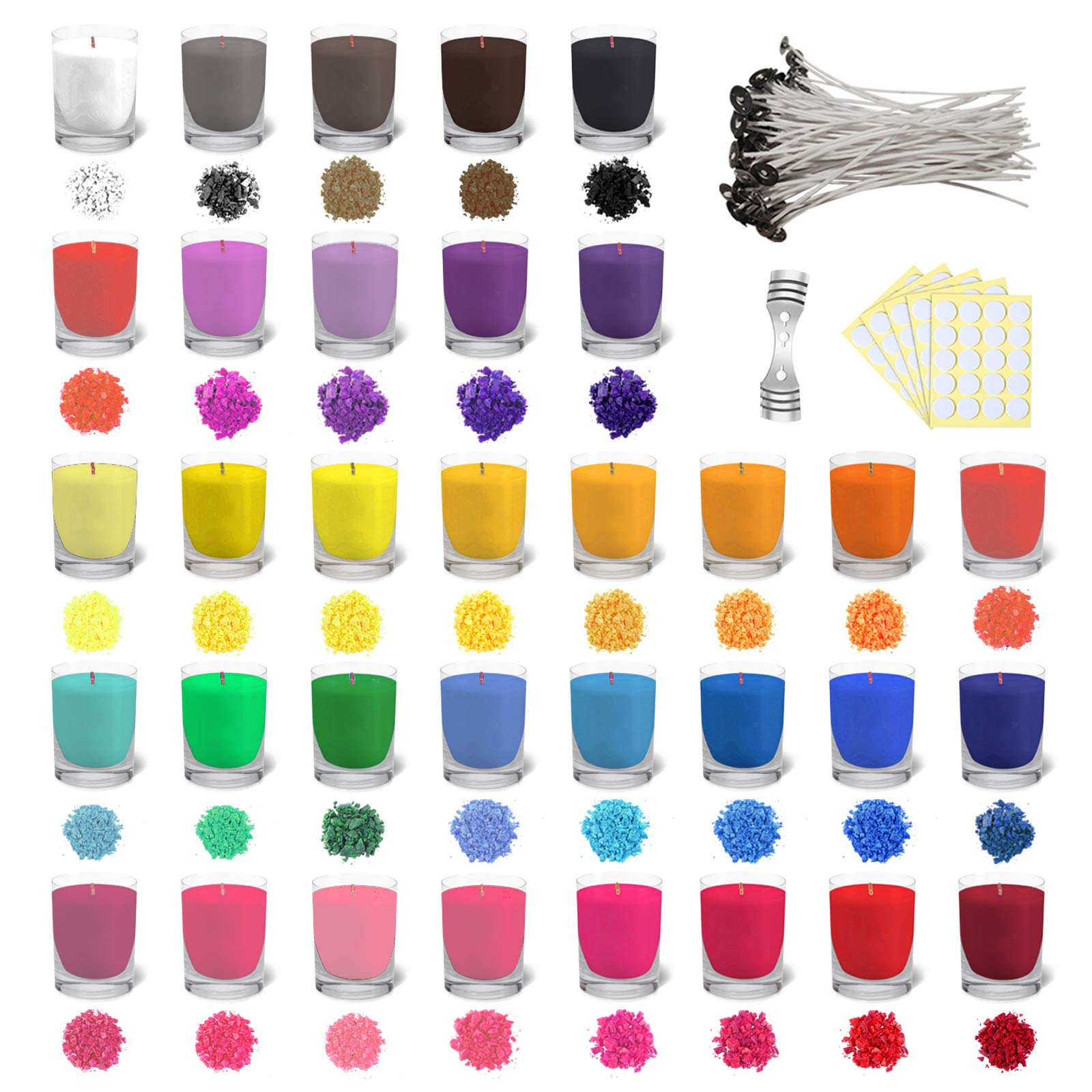 Lzshop-EU 34 Color Soy Wax Dye Flakes (5g each) - Universal & 40-strand Thick Wicks for DIY Candle Making
