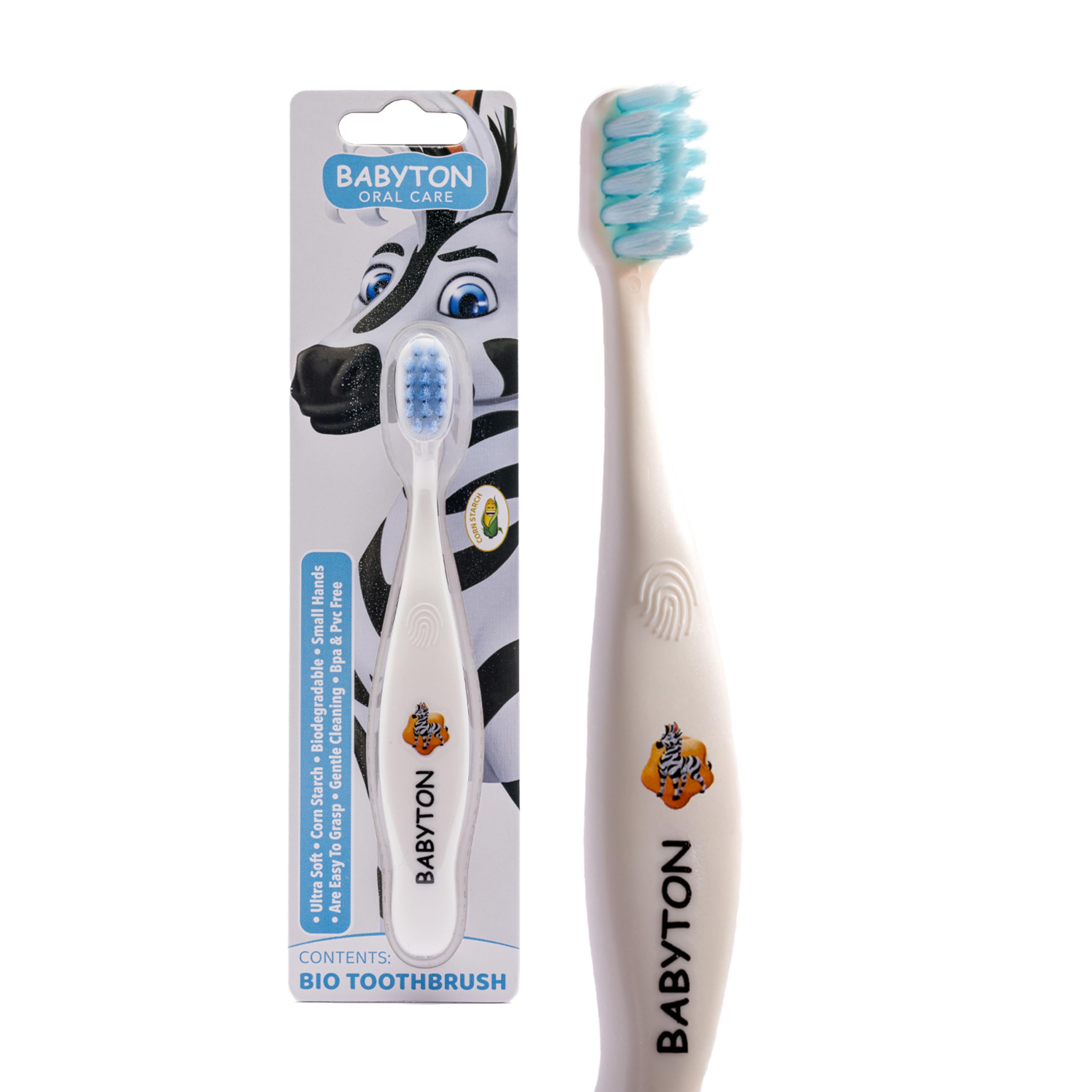 Babyton Bio Toothbrush - Eco-Friendly, Soft Bristles for Babies, Ergonomic Handle, Biodegradable Corn Cob Material (Zebra)
