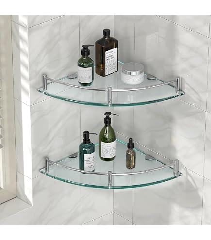Sanbege 2-Pack Tempered Glass Corner Shelves | 9.5" X 9.5" Bathroom Shower Caddy With 8 Brackets
