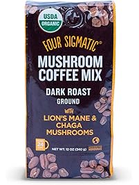 Four Sigmatic Mushroom Ground Coffee, USDA Organic and Fair Trade Coffee with Chaga and Lion&rsquo;s Mane mushrooms Vegan, Paleo, 12 Ounce, Dark roast