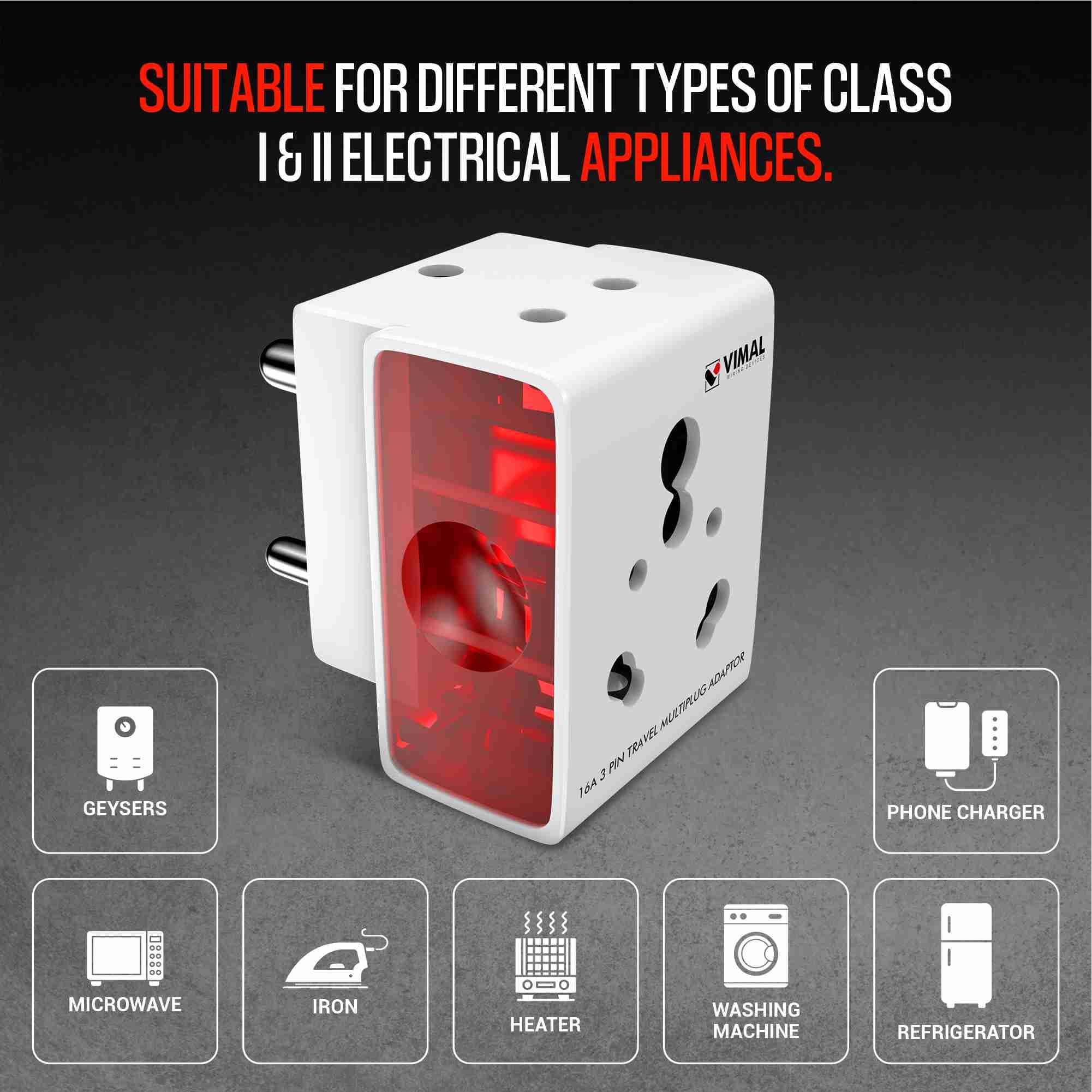 Vimal Wiring Devices Newport 16A 3 Pin Multiplug Adaptor,Suitable for Heavy Electrical Appliances, White 4