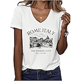 SweatyRocks Women's Vintage Letter Print Graphic Tees V Neck Short Sleeve Summer Casual T Shirts