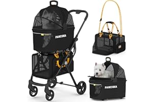 PAWZIDEA Double Pet Stroller with 2 Detachable Carriers, Portable Dog Crate for Car Travel & TSA-Approved Expandable Cat Carrier, Foldable Lightweight Jogger Stroller for 2–4 Cats or Small/Medium Dogs