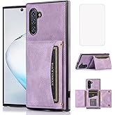 NKECXKJ Design for Samsung Galaxy Note 10 Wallet Case with Tempered Glass Screen Protector PU Leather Credit Card Holder Slot Phone Cases Kickstand Shockproof Protective Cover for Women 6.3" Purple