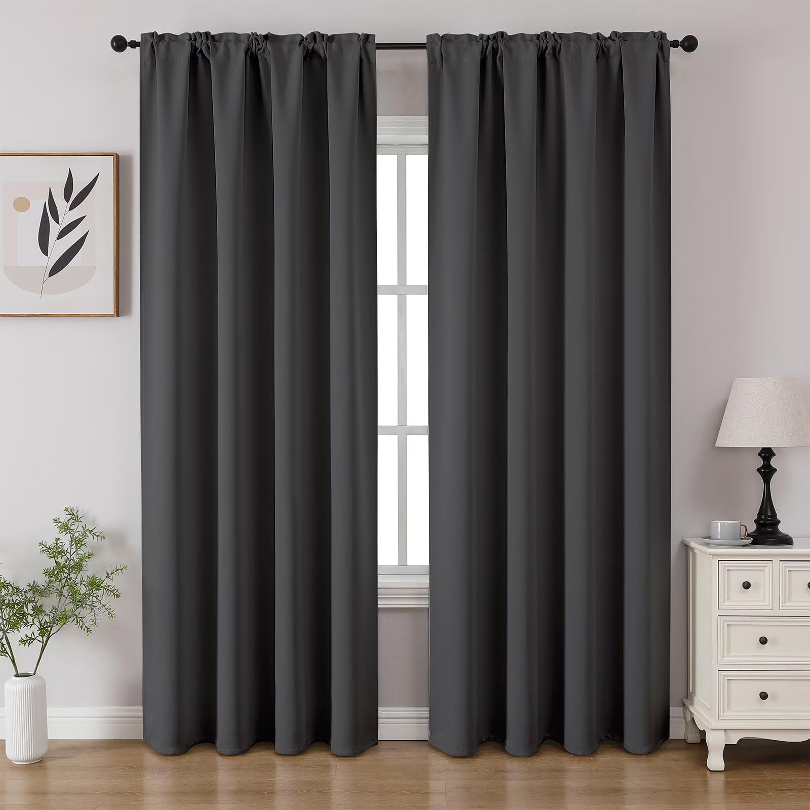 CUCRAF Dark Grey Blackout Curtains 96 inch Length 2 Panels Set, Rod Pocket Room Darkening Drapes for Bedroom Living Room, Insulated Thermal Light Blocking Window Curtain (W52 x L96 Inch) Image