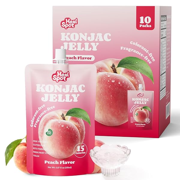 HEALSPOT REAL FRUIT JUICE SNACKS KONJAC JELLY WITH COLLAGEN PEPTIDES AND VITAMIN C, NO ARTIFICIAL SWEETENER, LOW CALORIES|GLUTEN FREE|KETO FRIENDLY, HEALTHY KOREAN SNACKS 10 POUCHES PEACH FLAVOR