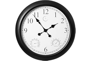 Clockswise Non-Ticking Quartz Wall Clock with Thermometer & Hygrometer Battery Operated Analog Clock for Temperature & Humidity Monitoring Ideal for Home Office School (Black Solid Frame, 24 Inch)