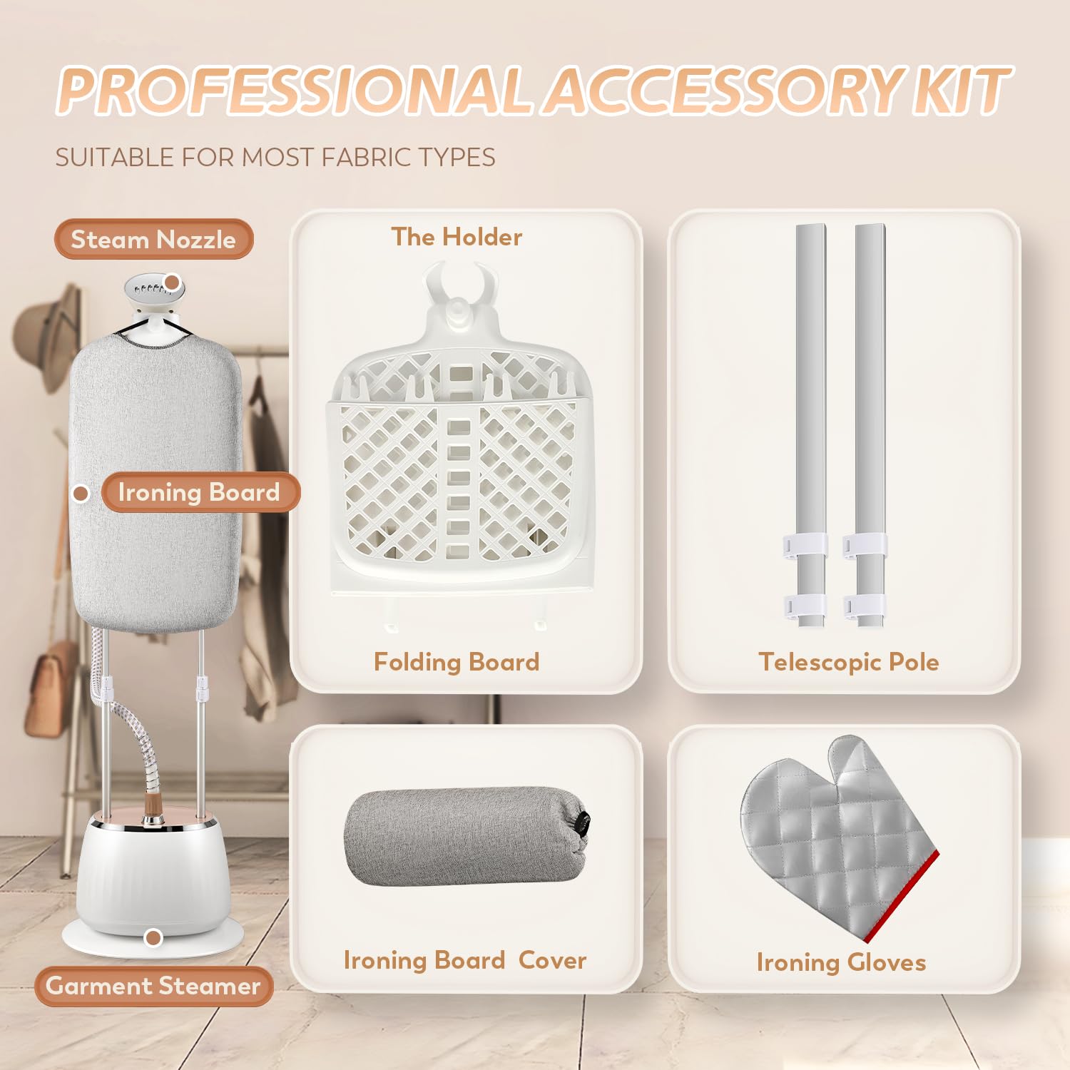 Standing Garment Steamer with 1800w Power, 54 fl.oz Water Tank for 1-Hour Continuous Steaming, 10-Level Steam Adjustment for Flat Hanging & Diagonal Ironing