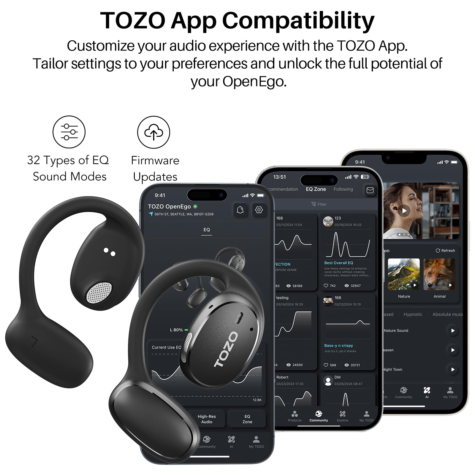 TOZO OpenEgo Open Ear Earbuds Bluetooth Headphones, 80Hrs Playtime Wireless Earbuds with Earhooks, Digital Display, 32 EQ Modes, Clear Call, Comfortable Wear, Sweat-Proof for Running Workout Black