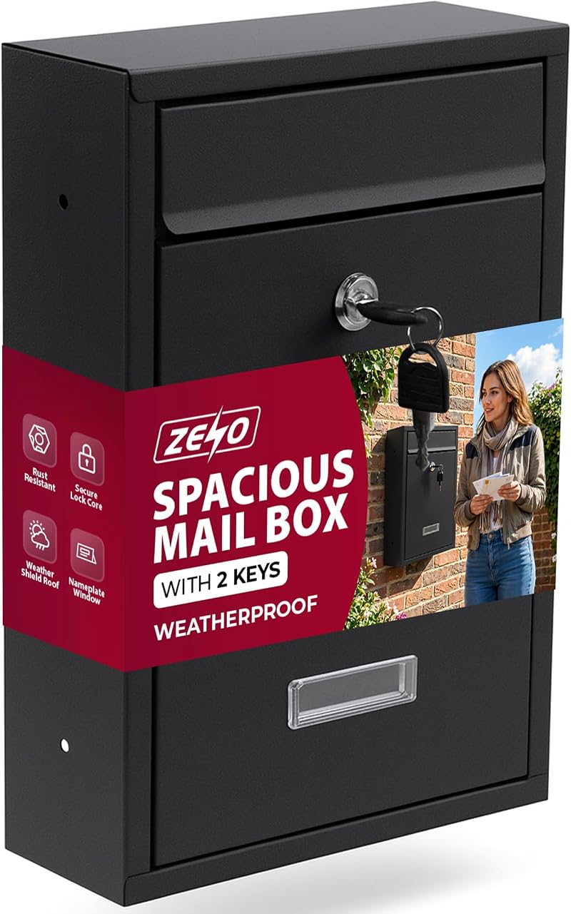 ZENO Wall Mounted Letter Box Black Secure Mailbox 2 Keys Nameplate