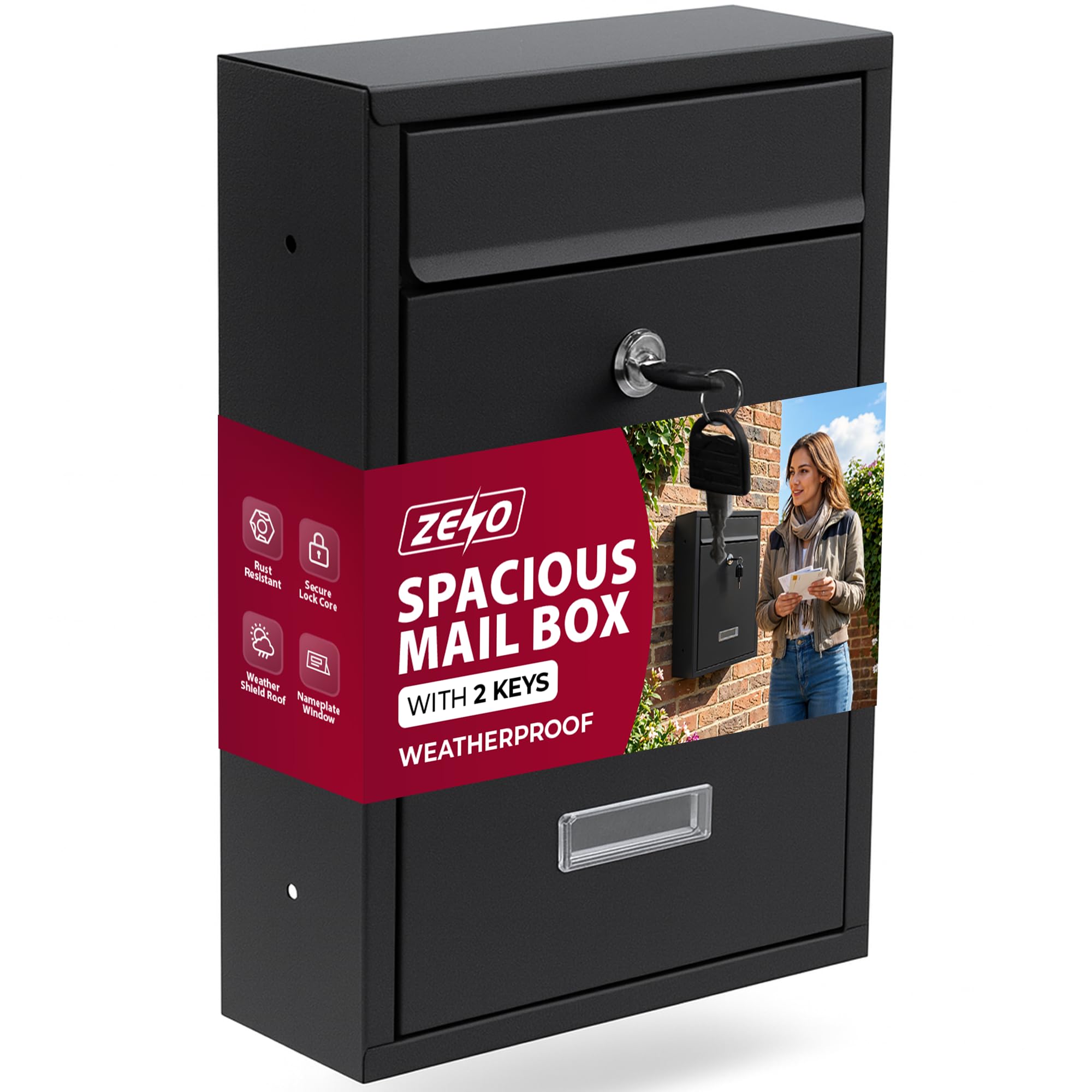 ZENO Letter Box Wall Mounted | Modern Post Box Mailbox | Post Letter Box for Home | Black Mail Box with 2 Keys | Easy To Install | Super Secure | Nameplate | Keep Your Mail Safe