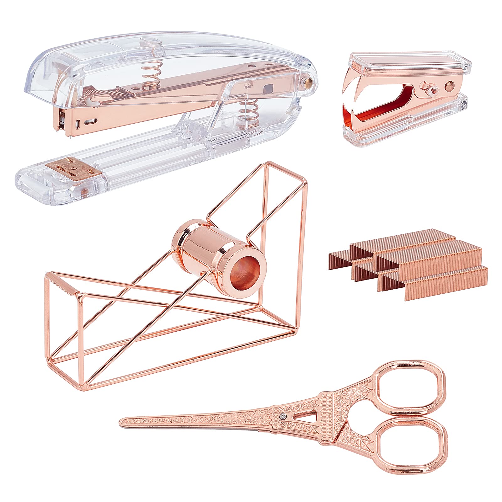 NBEADS Office Stationery Kit, Desk Accessory 5 Kit Tape Dispenser, Stapler Remover and Stapler Set with Brass 24/6 Standard Staple for Home School Office Supplies (Rose Gold)