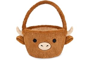 JIZWPOOM Easter Basket,Highland Cow Plush Easter Baskets for Kids,Basket Empty Easter Egg Hunt Party Favor,Cute Easter Gifts for Kids Girls Boys,Easter Decor