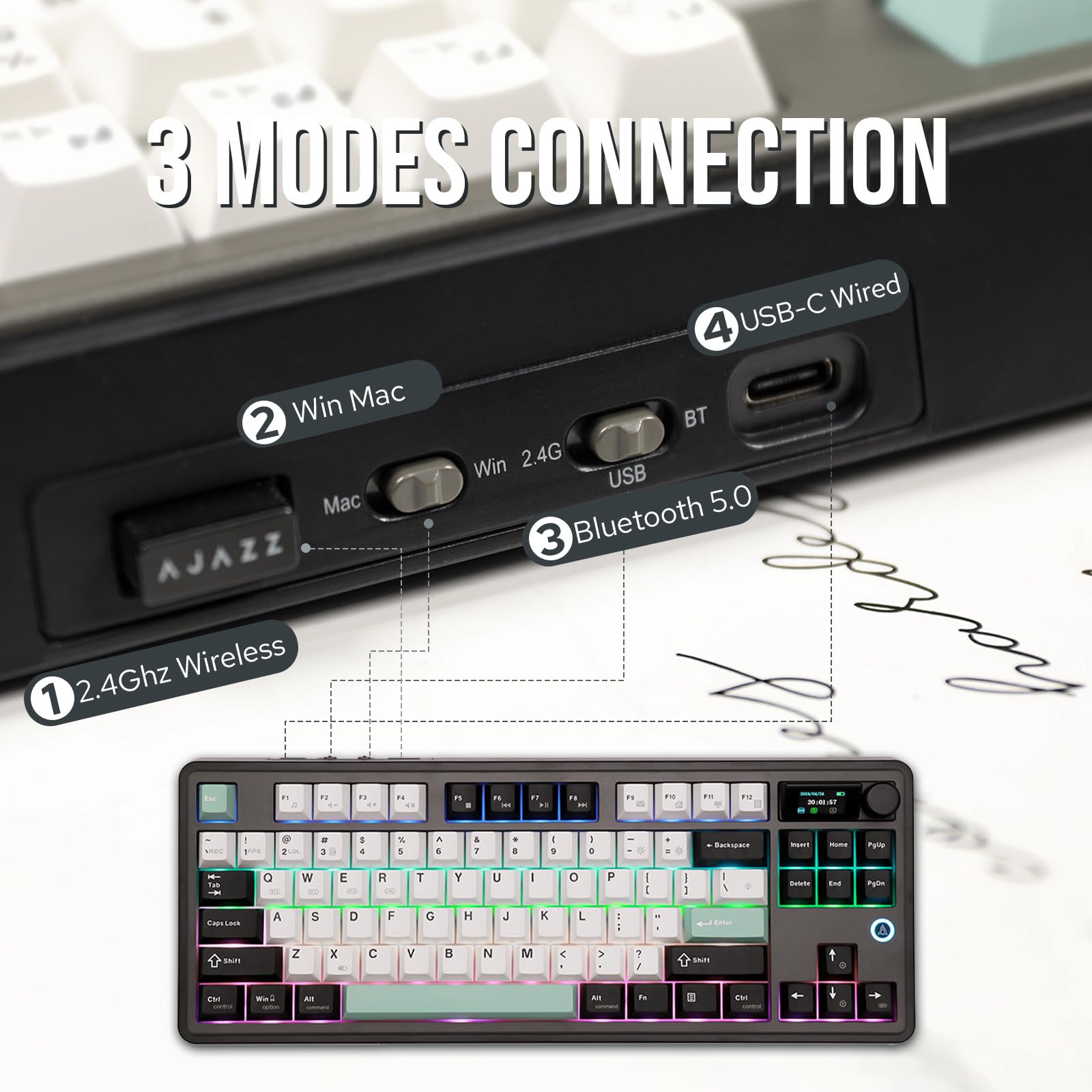 MechLands Ajazz AK870 87 Keys Gasket-Mounted Wireless Gaming Keyboard with Hot Swap Screen & Knob, BT5.0/2.4GHz/USB-C Mechanical Keyboard, with 5-Layer Padding for Win/Mac (Black, Maillard Switch)
