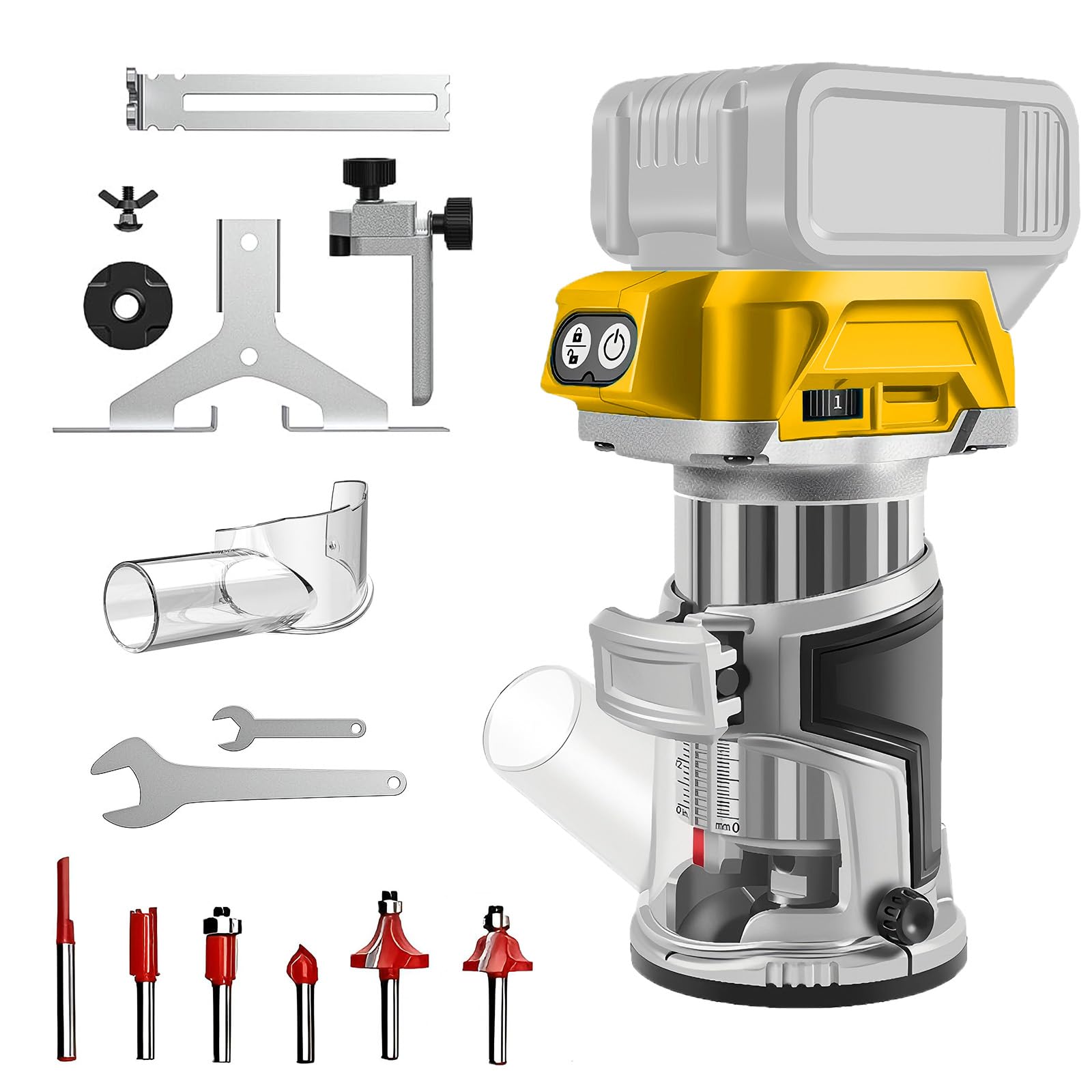 Photo 1 of Cordless Wood Router Tool for DeWalt 20V Battery (Bare Tool), Brushless 6 Speed Trim Router 30,000 RPM 800W Aluminum Alloy Fixed Base with Edge & Roller Guides, Dust Hood for Woodworking