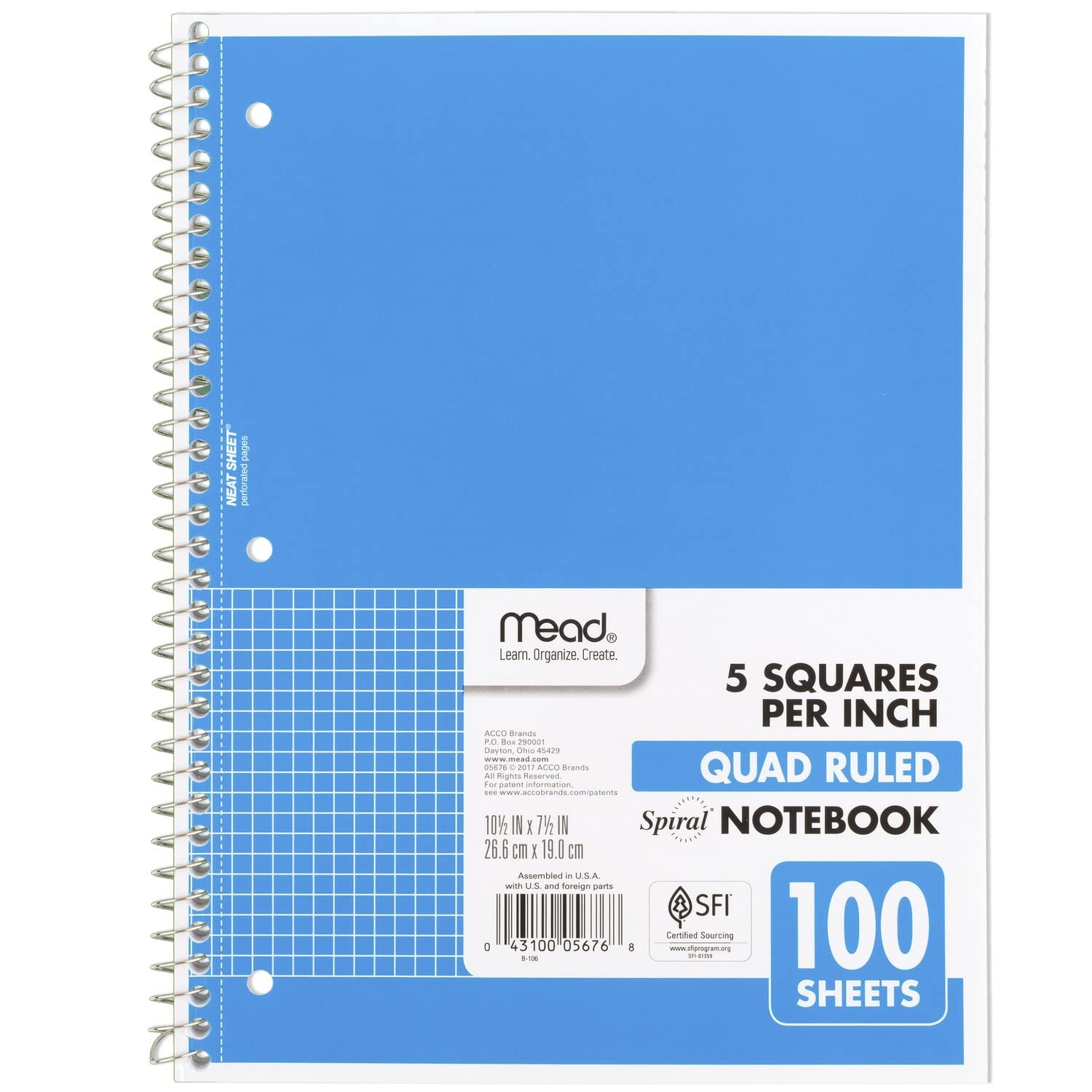 Photo 1 of Mead Spiral Notebook, 1 Subject, Graph Ruled Paper, 7-1/2" x 10-1/2", 100 Sheets, Blue (05676AY7)