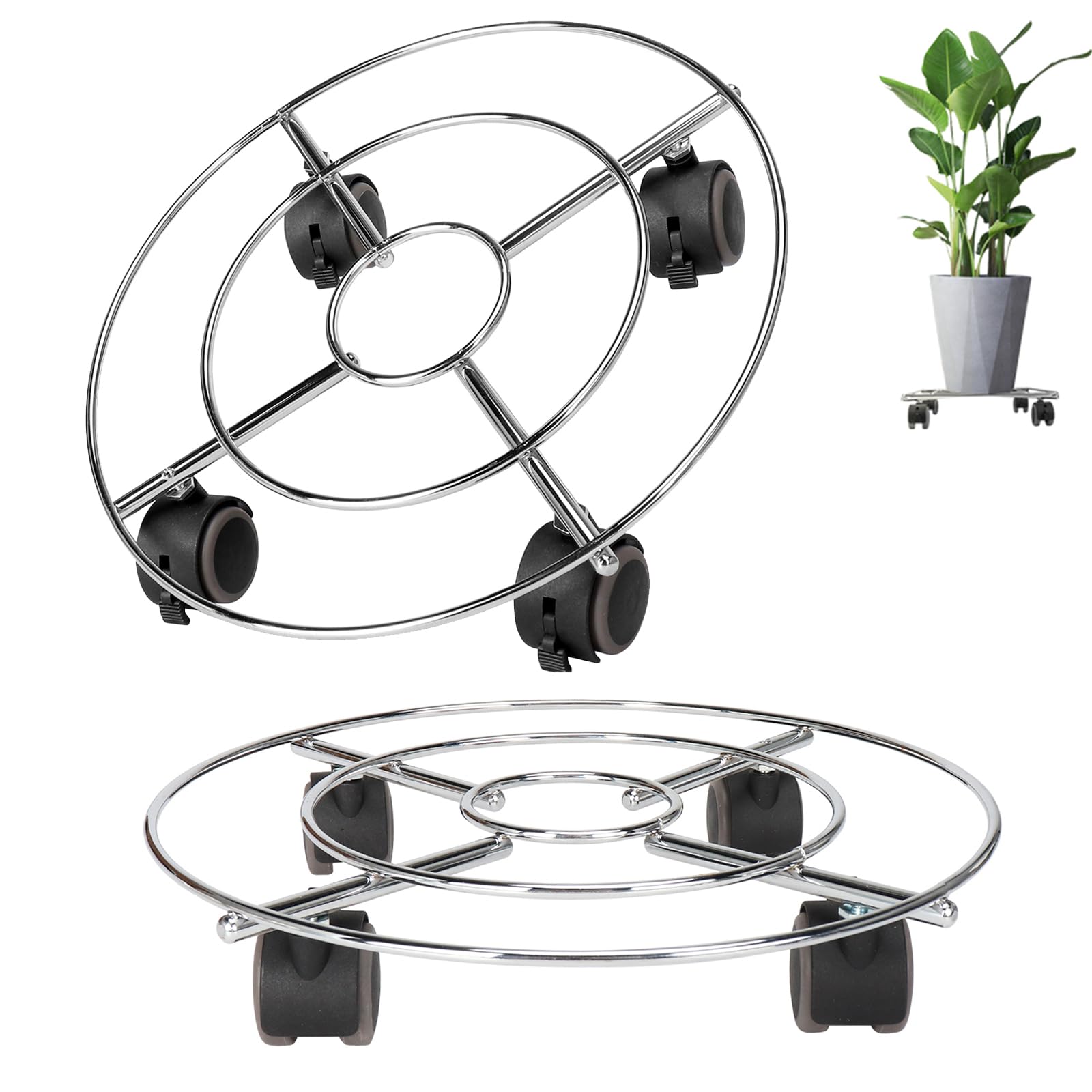 SI FANG Plant Caddy with Wheels with Lockable Casters, 30cm Round Rolling Plant Stand Trolley Flower Pot Movers with Wheels, Heavy Duty Metal Roughened Steel Caddies For Outdoor Garden 2 Pack