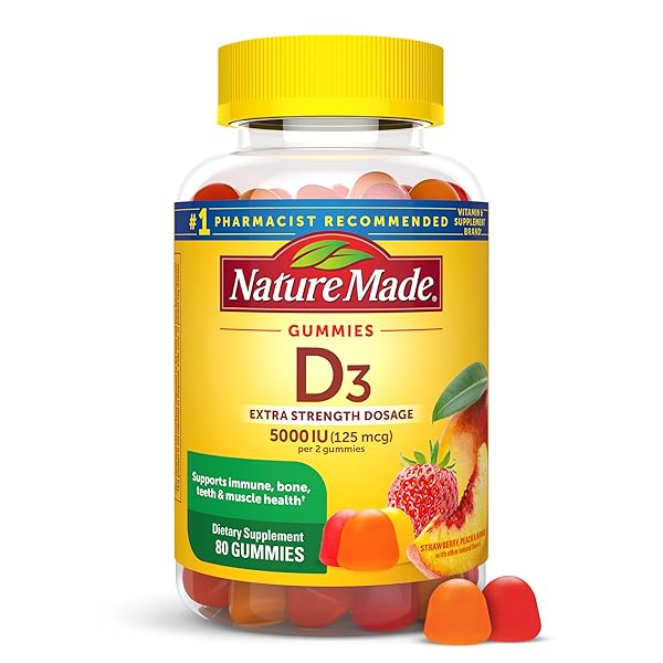 NATURE MADE VITAMIN D3 5000 IU PER SERVING GUMMIES EXTRA STRENGTH, BONE AND IMMUNE HEALTH SUPPORT, 80 VITAMIN D GUMMIES FOR ADULTS, 40 DAY SUPPLY