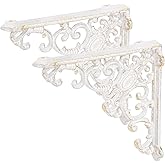 Sungmor Vintage Cast Iron Shelf Brackets - 2 Pack 7.7 Inch Rustic White | Ornate Decorative Corner Shelf Supports,Garden Wall Hanging Bracket,Metal Corbels with Scroll Design, Indoor Outdoor Use
