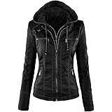VearFit Women's Hooded Black Biker Motorcycle Faux Leather Jacket Missy Regular & Plus Size