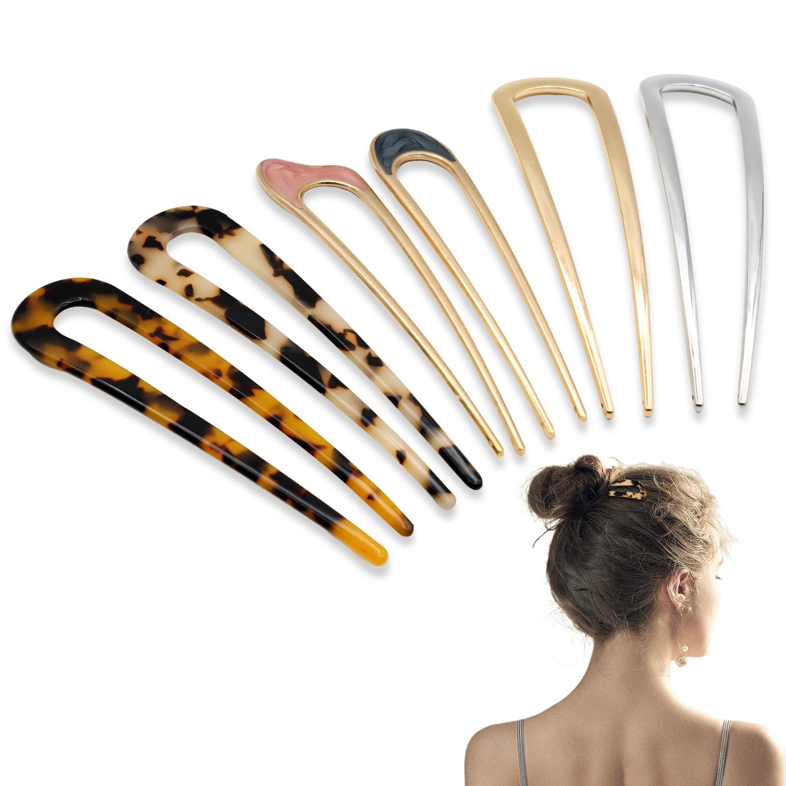 Scettar 6 Pcs Metal French Hair Pins for Women - U Shaped Twist Pins for Girls Hairstyle Accessories