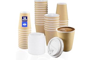 Nicole Home Collection Double-Walled Insulated Ripple Paper Disposable Cups with Lids for Hot Beverage, Pack of 30 Coffee Cup