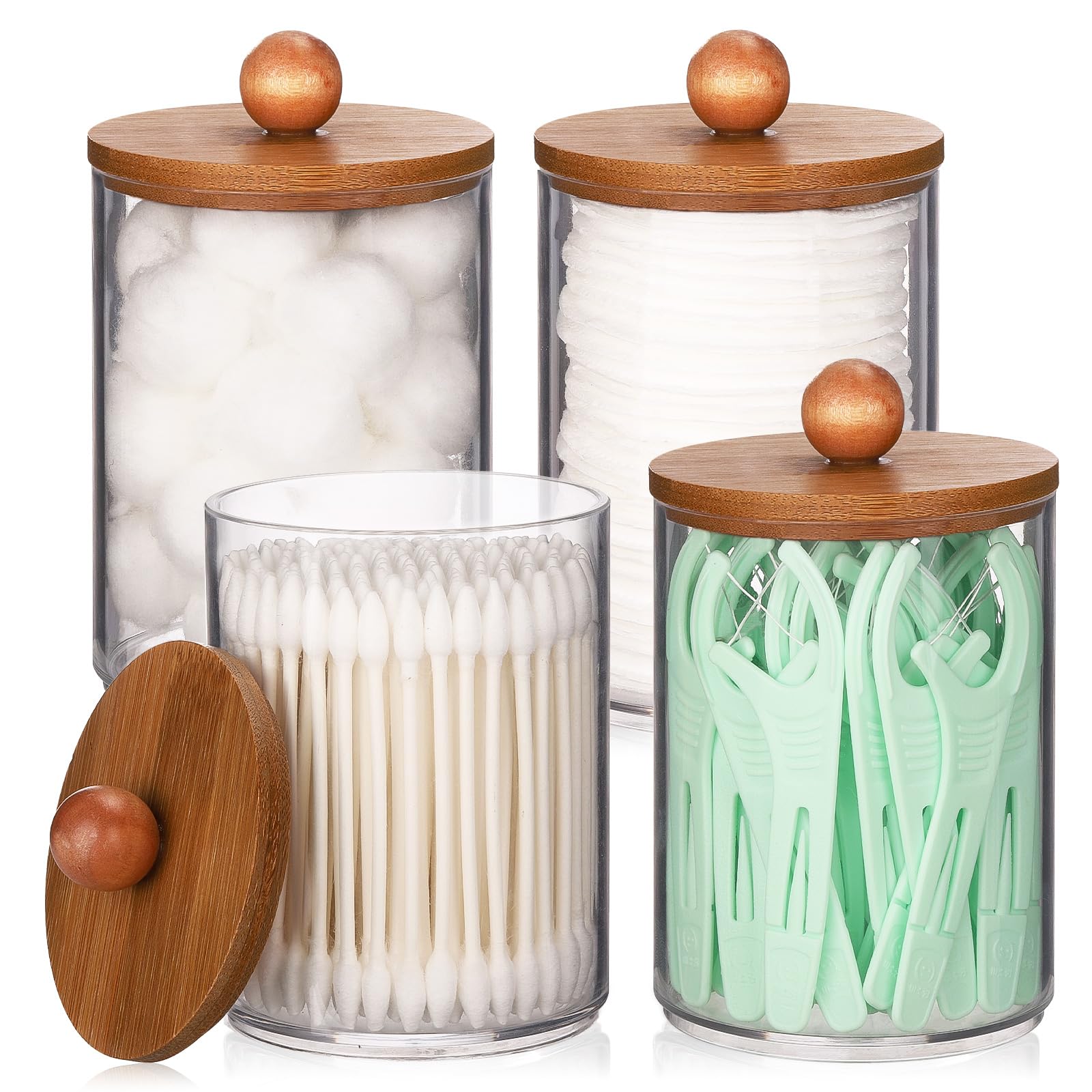 Photo 1 of Tbestmax 4 Pack Qtip Holder Dispenser, Plastic Bathroom Organizer and Storage Containers, 10oz Apothecary Jars with Brown Bamboo Lid for Cotton Ball, Cotton Swab, Floss