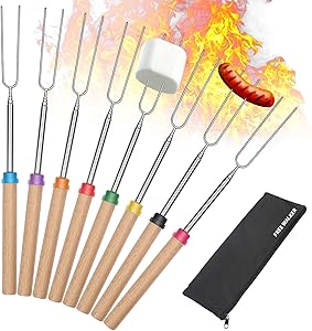 Marshmallow Roasting Smores Sticks,32-inch Extendable Sturdy Stainless Steel Roasting Forks for BBQ,Campfire,Hot Dog,Telescoping Camping Accessories Stove Fork,Safe for Kids,8 Sticks with Storage Bag