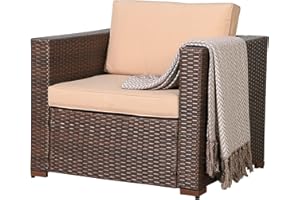 Patiorama Patio Single Sofa, Outdoor Armchair, All-Weather Brown PE Wicker Rattan Sectional Sofa, Additional Chair for Furniture Set, Patio Seating for Balcony Garden Porch Pool (Beige Cushion)