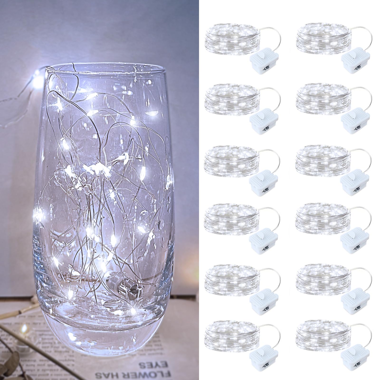 Photo 1 of 12 Pack Led Fairy Lights - White, Battery Operated LED Silver Wire String Lights, 7FT 20LED Mini Firefly Starry String Lights Waterproof Led Twinkle Lights for Mason Jar DIY Christmas Decor