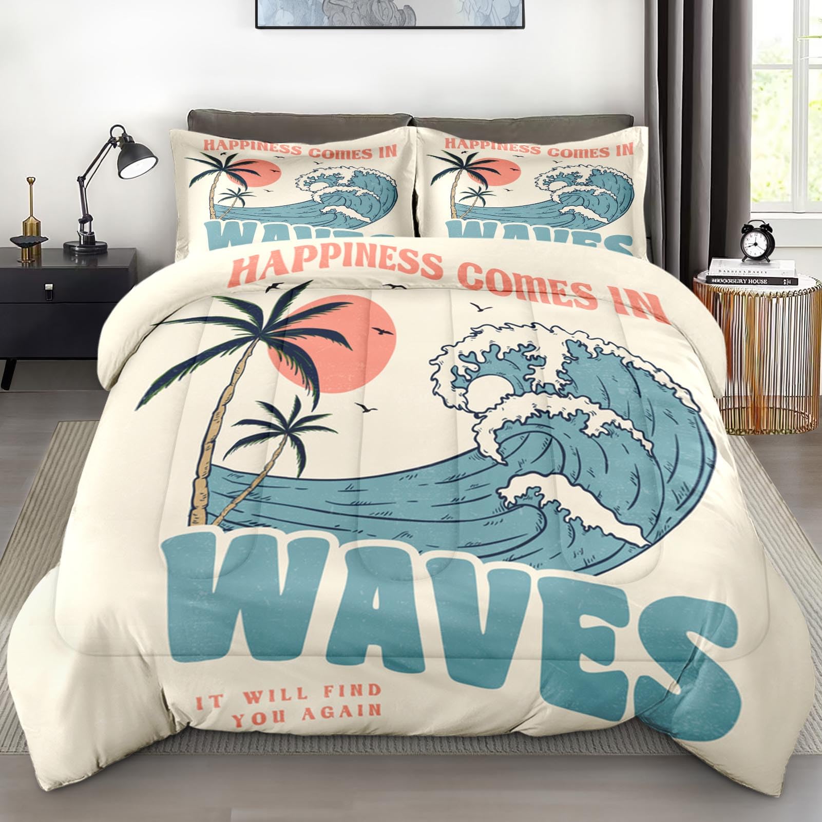 Photo 1 of Pamnest Comforter Set Twin Size, Summer Beach Surf 2 Pcs Soft Bedding for Kids and Adults, Vintage Board Palm Comforter Set with Pillowcase, for Bedroom Bed Decor