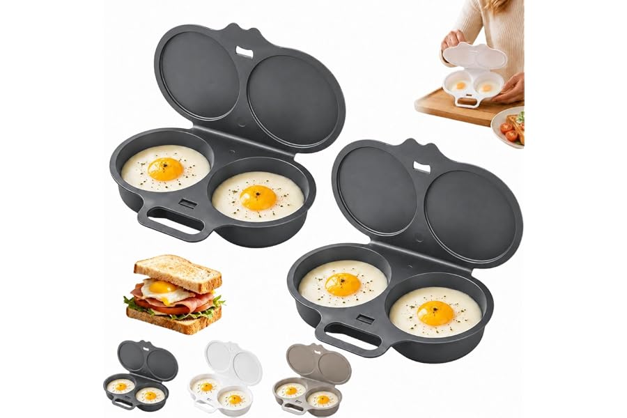 Microwave 2‑Egg Poacher, Non‑Stick Egg Cooker with Lid & Handle & Tongs | Nonstick Oil-Free Cooking, Quick-Heat Breakfasts, S